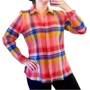 Soft Surroundings Sansonne Plaid Embroidered Button Front Shirt Size L